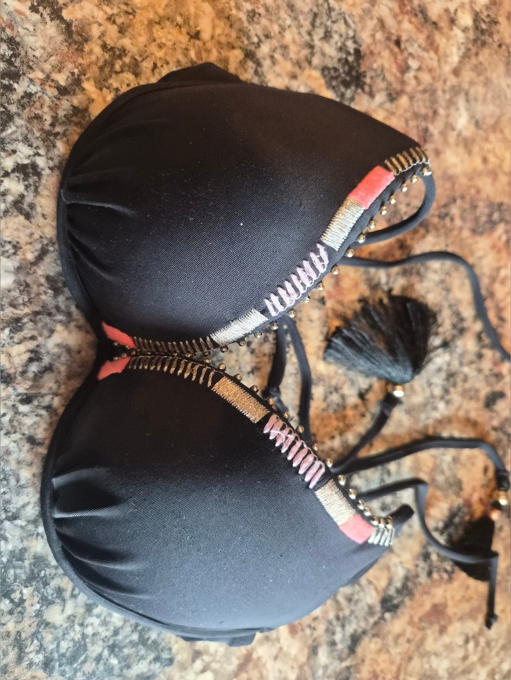VS Tassel Tie Black Bikini Top with Accents